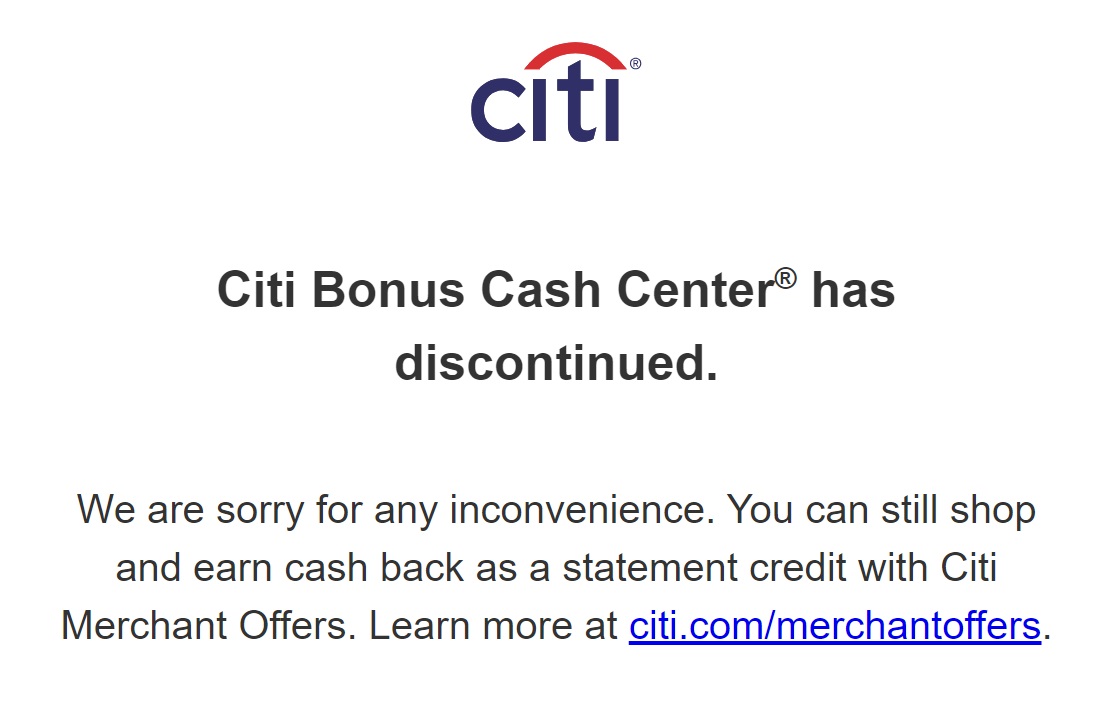 Citi Bonus Cash Center shopping portal closed down