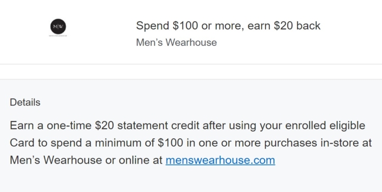 Men's Wearhouse Amex Offer spend $100 get $20.