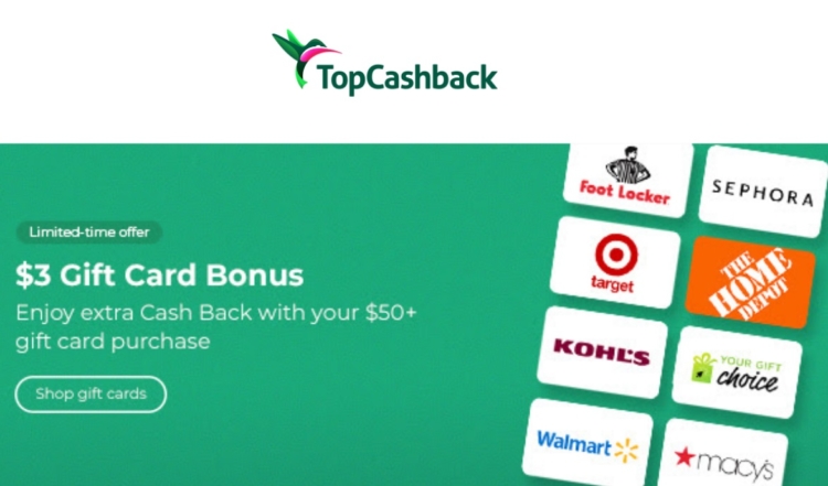 TopCashback Buy $50 gift card get $3 bonus cashback