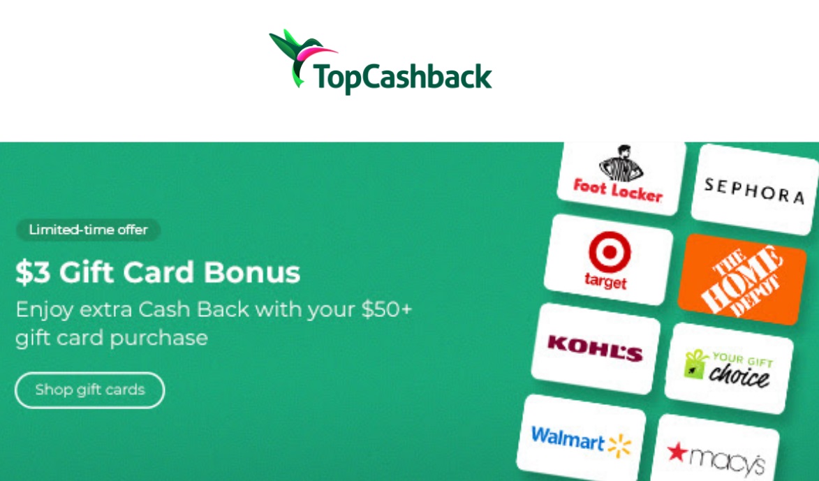 TopCashback Buy $50 gift card get $3 bonus cashback