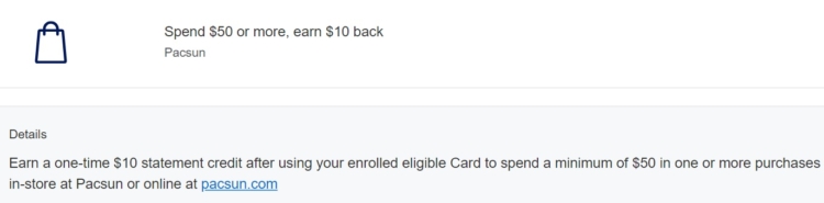 PacSun Amex Offer spend $50 get $10
