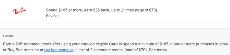 Ray-Ban Amex Offer spend $165 get $35