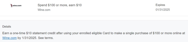 Winedotcom Amex Offer spend $100 get $10